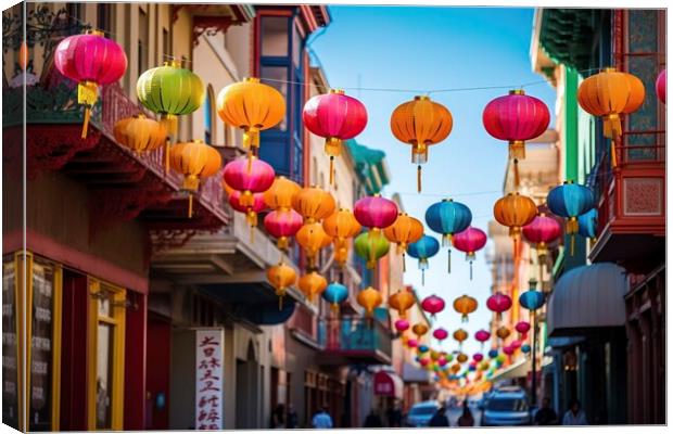 the streets of Chinese cities come alive with a dazzling display of brightly colored lanterns, creating an enchanting atmosphere. Ai generated. Canvas Print by Joaquin Corbalan