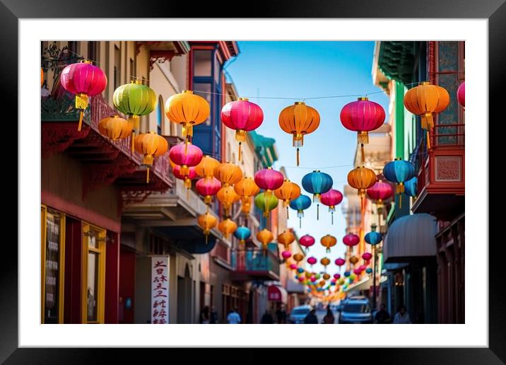 the streets of Chinese cities come alive with a dazzling display of brightly colored lanterns, creating an enchanting atmosphere. Ai generated. Framed Mounted Print by Joaquin Corbalan