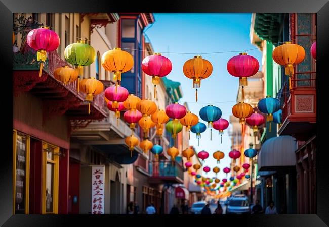 the streets of Chinese cities come alive with a dazzling display of brightly colored lanterns, creating an enchanting atmosphere. Ai generated. Framed Print by Joaquin Corbalan