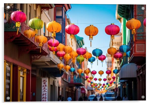 the streets of Chinese cities come alive with a dazzling display of brightly colored lanterns, creating an enchanting atmosphere. Ai generated. Acrylic by Joaquin Corbalan