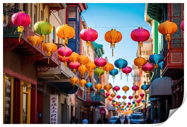 the streets of Chinese cities come alive with a dazzling display of brightly colored lanterns, creating an enchanting atmosphere. Ai generated. Print by Joaquin Corbalan