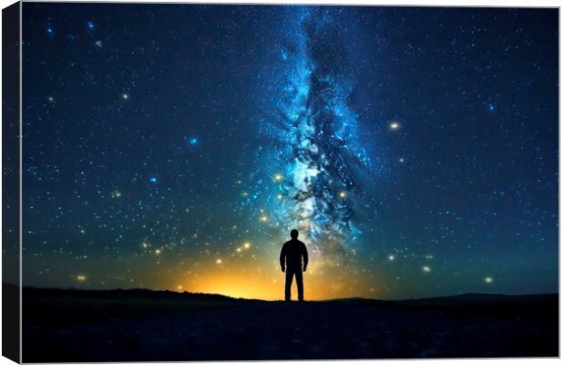 Silhouette of a man walking under the milky way of a clear and starry sky. Canvas Print by Joaquin Corbalan