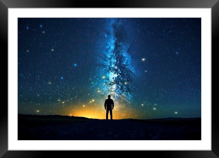 Silhouette of a man walking under the milky way of a clear and starry sky. Framed Mounted Print by Joaquin Corbalan
