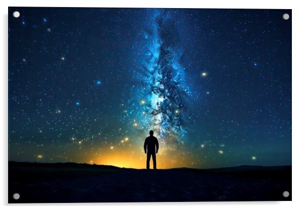 Silhouette of a man walking under the milky way of a clear and starry sky. Acrylic by Joaquin Corbalan