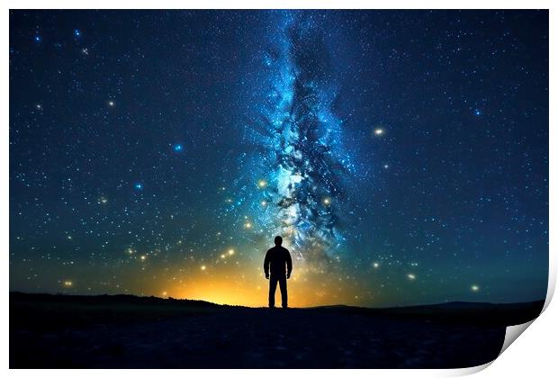 Silhouette of a man walking under the milky way of a clear and starry sky. Print by Joaquin Corbalan