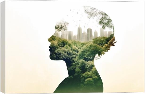 On a white background, the silhouette of a woman filled with a forest, double exposure, with the environmental concept. Canvas Print by Joaquin Corbalan