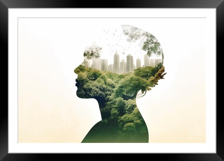 On a white background, the silhouette of a woman filled with a forest, double exposure, with the environmental concept. Framed Mounted Print by Joaquin Corbalan