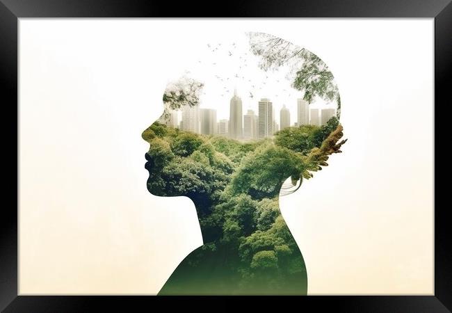 On a white background, the silhouette of a woman filled with a forest, double exposure, with the environmental concept. Framed Print by Joaquin Corbalan