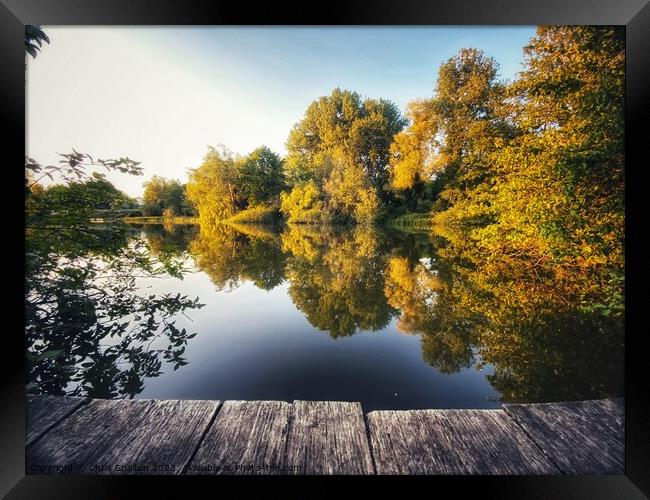 Trees reflected in lake with boardwalk Framed Print by Chris Spalton