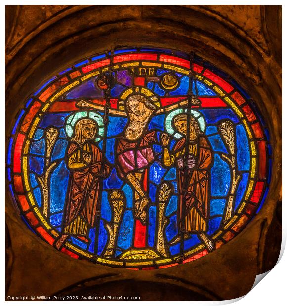 Crucifixion Stained Glass St John Baptist Cathedral Lyon France Print by William Perry