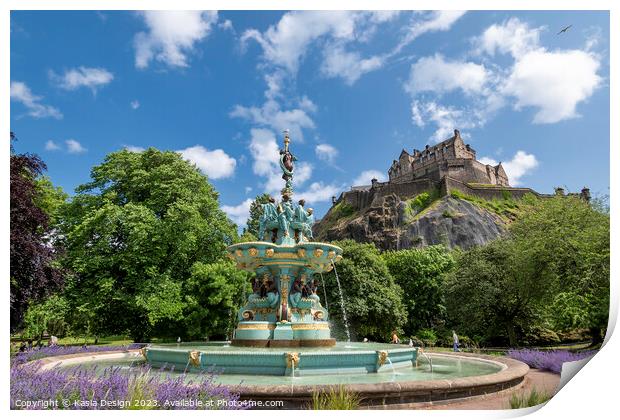 Ross Fountain and Edinburgh Castle Print by Kasia Design