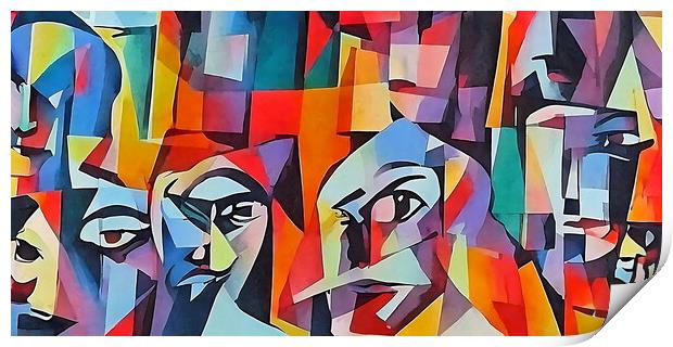 Cubist style portrait with face of  various people Print by Luigi Petro