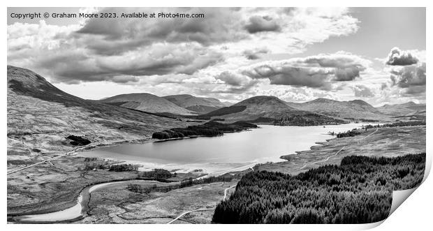 Loch Tulla elevated pan monochrome Print by Graham Moore