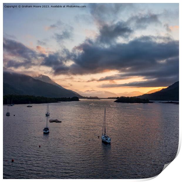Loch Leven sunset with boats Print by Graham Moore