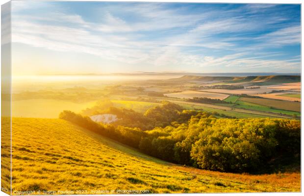 Sunrise over the South Downs from Mount Caburn Canvas Print by Justin Foulkes