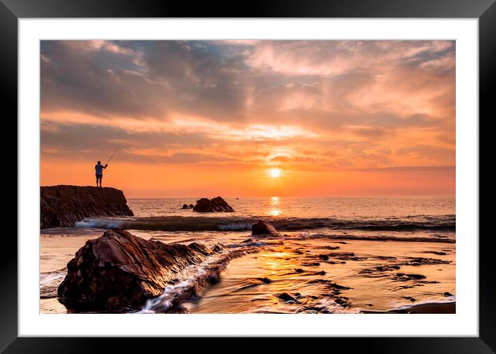 Widemouth bay sunset with lone fisherman Framed Mounted Print by Maggie McCall