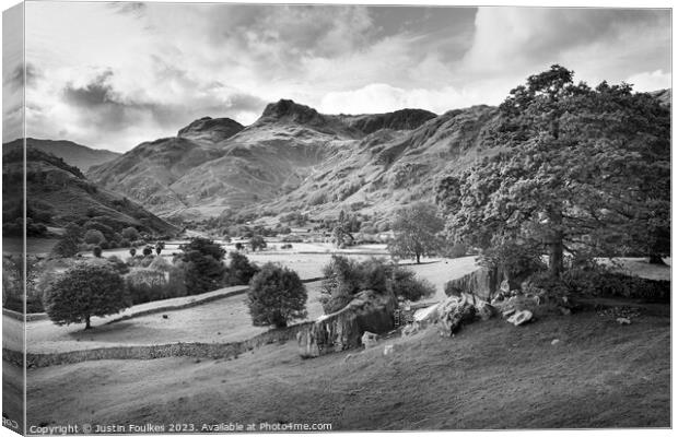 The Langdale Pikes, Lake District, black and white Canvas Print by Justin Foulkes