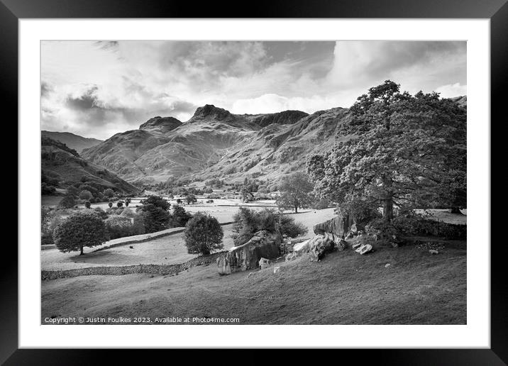 The Langdale Pikes, Lake District, black and white Framed Mounted Print by Justin Foulkes