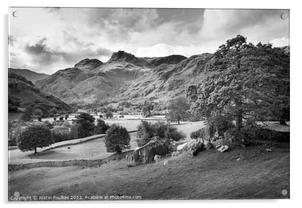 The Langdale Pikes, Lake District, black and white Acrylic by Justin Foulkes