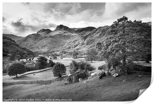 The Langdale Pikes, Lake District, black and white Print by Justin Foulkes
