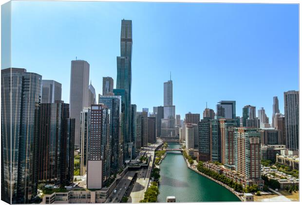 Downtown Chicago with Riverwalk aerial view - CHICAGO, USA - JUNE 06, 2023 Canvas Print by Erik Lattwein