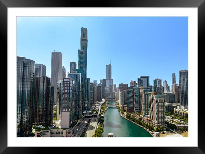 Downtown Chicago with Riverwalk aerial view - CHICAGO, USA - JUNE 06, 2023 Framed Mounted Print by Erik Lattwein