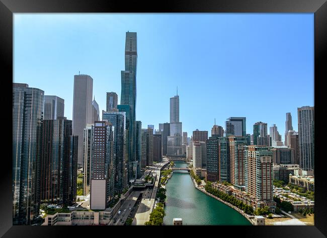 Downtown Chicago with Riverwalk aerial view - CHICAGO, USA - JUNE 06, 2023 Framed Print by Erik Lattwein