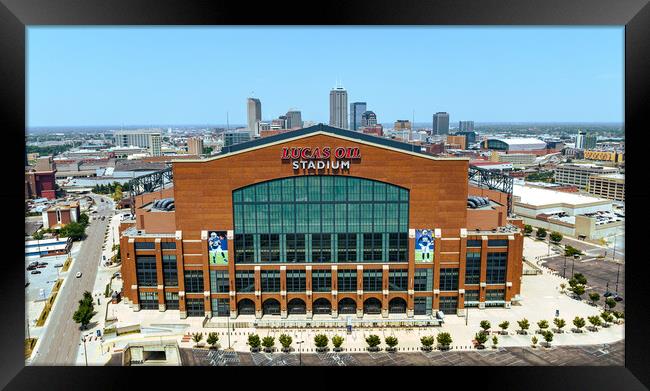 Lucas Oil Stadium in Indianapolis - aerial view - INDIANAPOLIS, USA - JUNE 08, 2023 Framed Print by Erik Lattwein