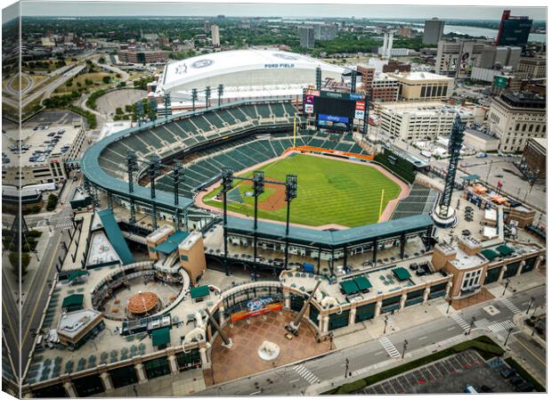 Comerica Baseball Stadium in Detroit aerial view - DETROIT, USA - JUNE 13, 2023 Canvas Print by Erik Lattwein