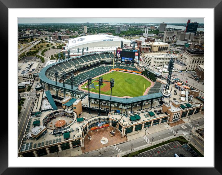 Comerica Baseball Stadium in Detroit aerial view - DETROIT, USA - JUNE 13, 2023 Framed Mounted Print by Erik Lattwein