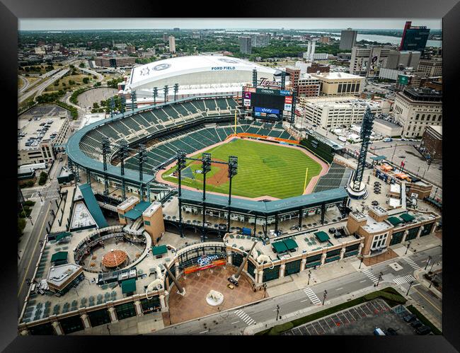 Comerica Baseball Stadium in Detroit aerial view - DETROIT, USA - JUNE 13, 2023 Framed Print by Erik Lattwein