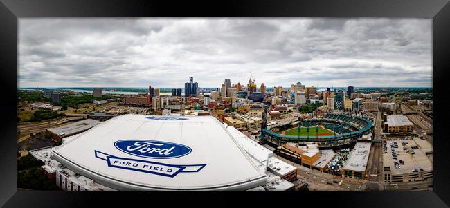 Ford Field and Comerica Park in the city of Detroit - aerial view - DETROIT, USA - JUNE 13, 2023 Framed Print by Erik Lattwein