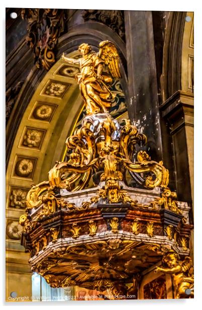 Statues Pulpit Hospital Hotel -Dieu Chapel Basilica Lyon France Acrylic by William Perry