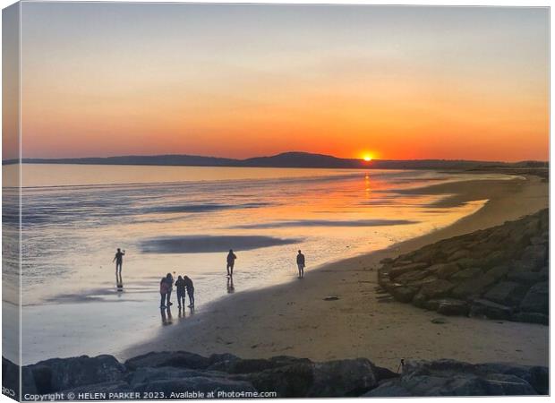 Aberavon Beach Sunset with people silhouettes Canvas Print by HELEN PARKER