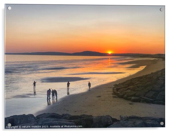 Aberavon Beach Sunset with people silhouettes Acrylic by HELEN PARKER