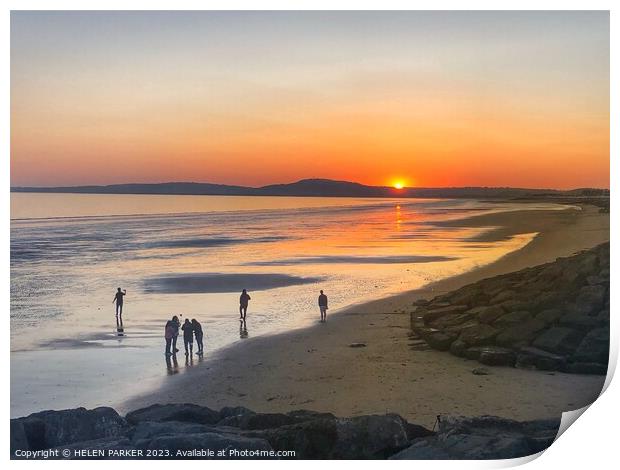 Aberavon Beach Sunset with people silhouettes Print by HELEN PARKER