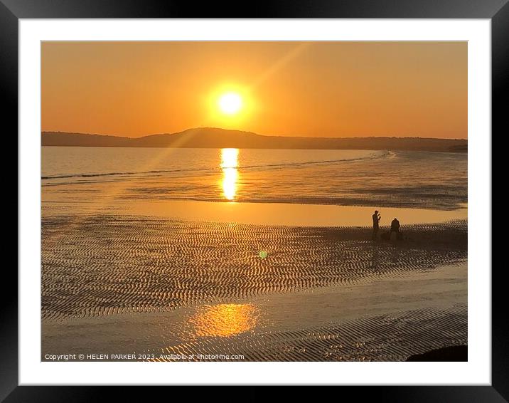 Aberavon Beach sunset and silhouettes Framed Mounted Print by HELEN PARKER