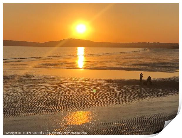 Aberavon Beach sunset and silhouettes Print by HELEN PARKER