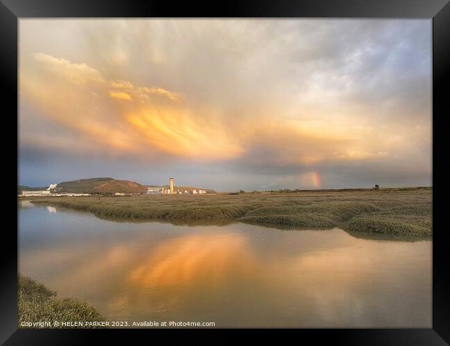 Sunset Reflections at Crymlyn Burrows Framed Print by HELEN PARKER