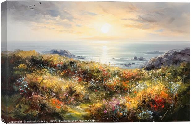 Sea Cliifs and Wildflowers Golden Hour 1 Canvas Print by Robert Deering