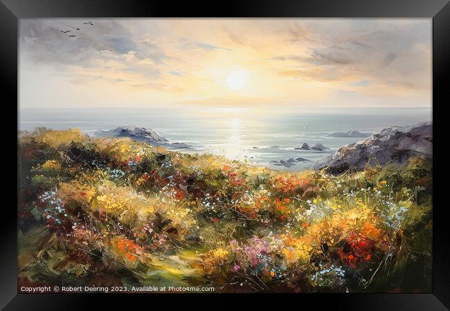Sea Cliifs and Wildflowers Golden Hour 1 Framed Print by Robert Deering
