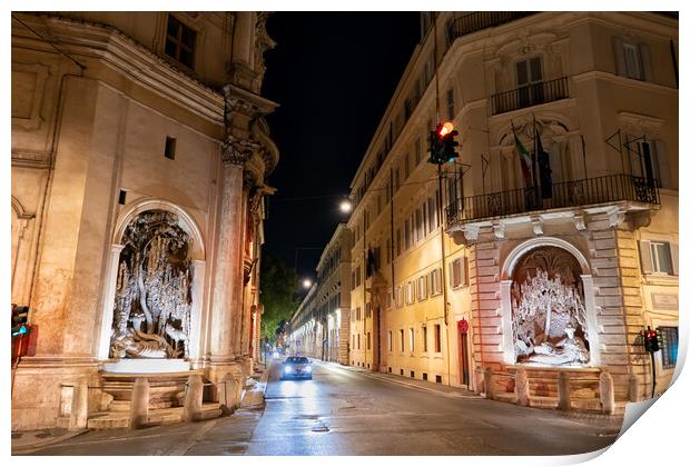 Four Fountains And Street In Rome At Night Print by Artur Bogacki