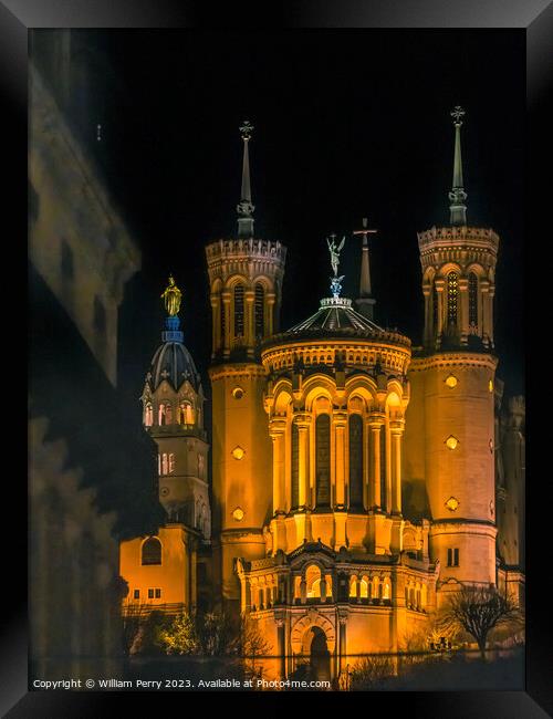 Basilica of Notre Dame Illuminated Outside From Downtown Lyon Fr Framed Print by William Perry