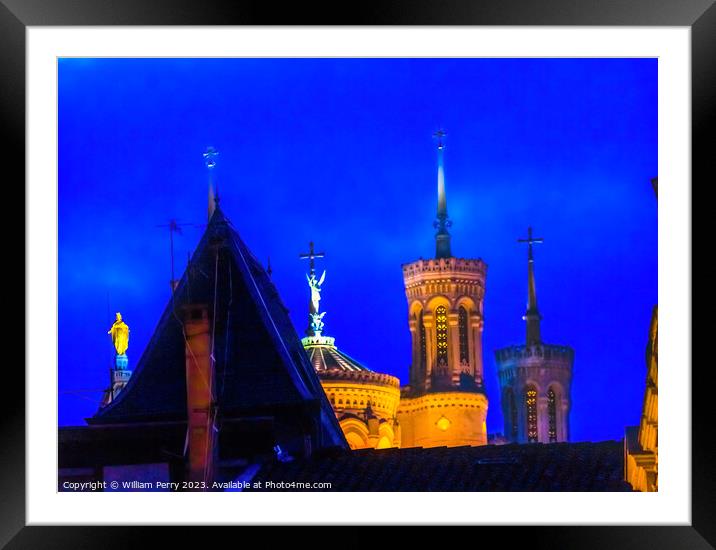 Rooftops Basilica of Notre Dame Illuminated Lyon France Framed Mounted Print by William Perry