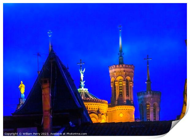 Rooftops Basilica of Notre Dame Illuminated Lyon France Print by William Perry