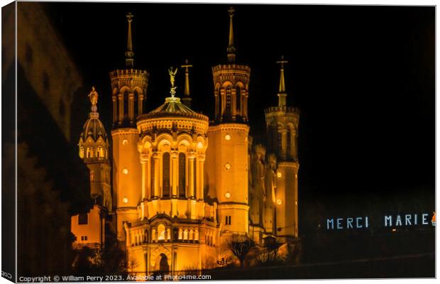 Basilica of Notre Dame Illuminated Outside From Downtown Lyon Fr Canvas Print by William Perry