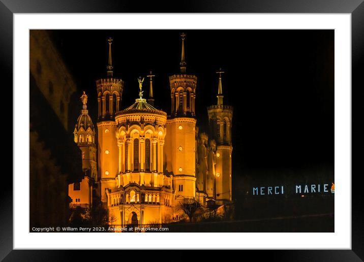 Basilica of Notre Dame Illuminated Outside From Downtown Lyon Fr Framed Mounted Print by William Perry