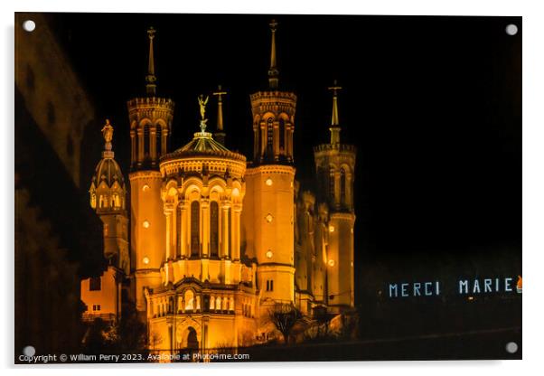 Basilica of Notre Dame Illuminated Outside From Downtown Lyon Fr Acrylic by William Perry