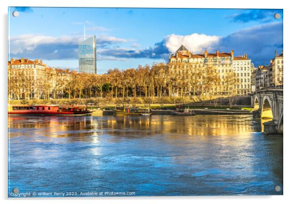 Wilson Bridge Colorful Boats Rhone River Reflection Lyon France Acrylic by William Perry