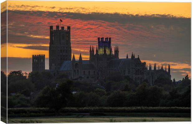 Sunset behind Ely Cathedral, Cambridgeshire, 24th June 2023 Canvas Print by Andrew Sharpe